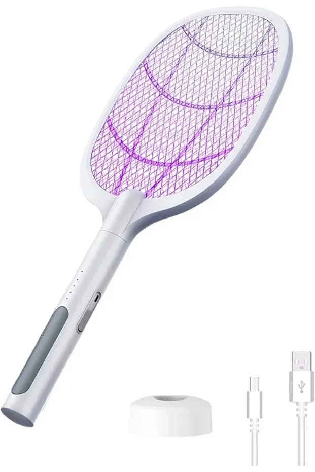 Standlı Taşınabilir Sinek Öldürücü Mor Işık Tenis Raketi 27cm x 22cm Sinek Kovucu USB Şarjlı 